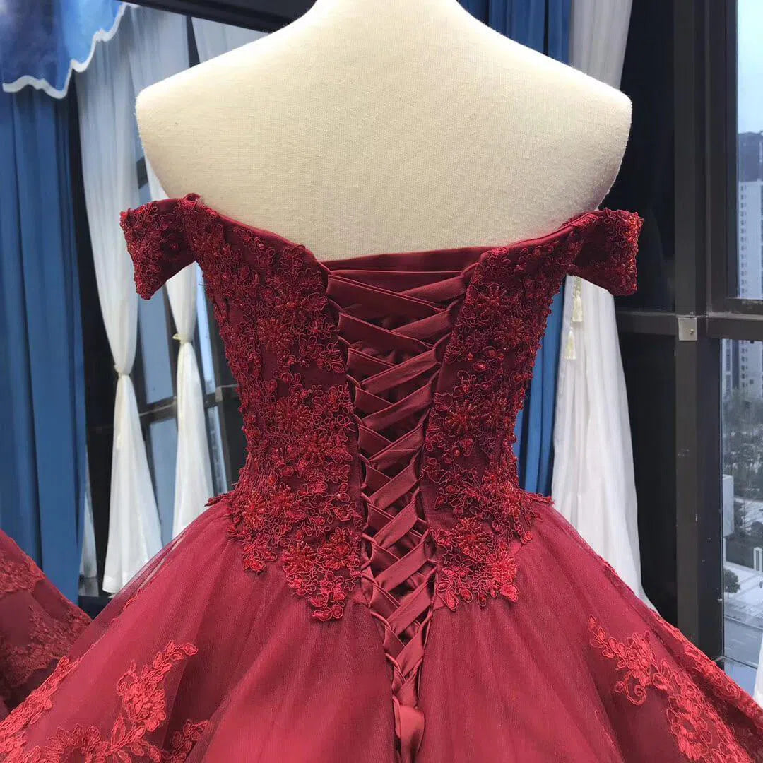 Vintage Dark Red Lace Prom Dresses Off Shoulder Princess Dress FD1217 viniodress-prom dresses-Viniodress-Viniodress