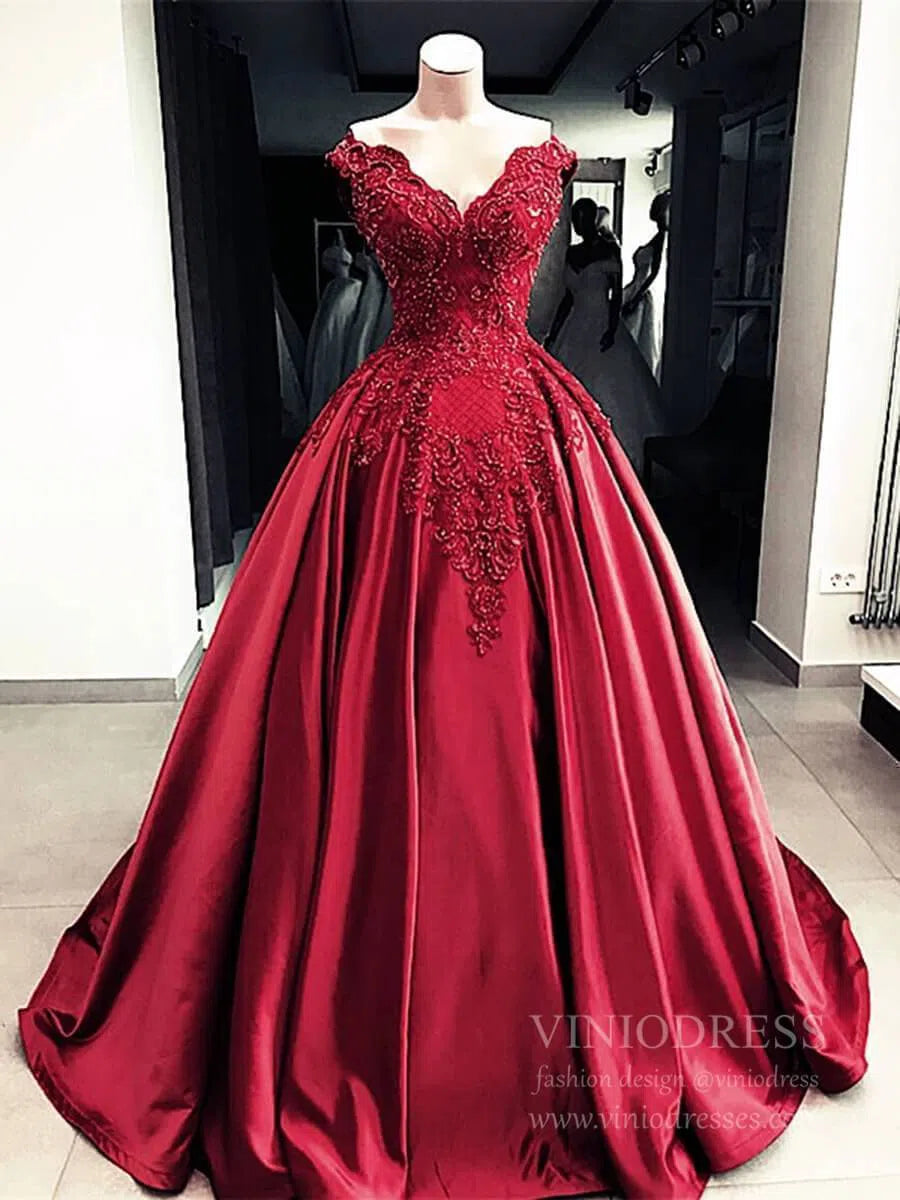 Vintage Dark Red Prom Dresses Beaded Princess Quinceanera Gown FD1587 viniodress-prom dresses-Viniodress-Rose Red-Custom Size-Viniodress