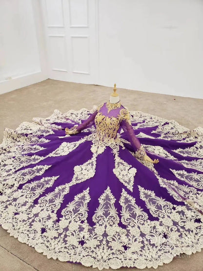 Vintage Deep Purple Ball Gown High Neck Gold Lace Muslim Formal Dress FD2165 viniodress-Quinceanera Dresses 2025 -Viniodress-As Picture-Custom Size-