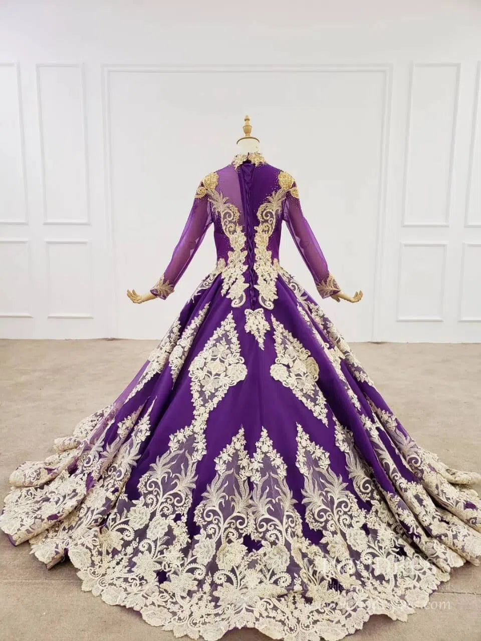 Vintage Deep Purple Ball Gown High Neck Gold Lace Muslim Formal Dress FD2165 viniodress-Quinceanera Dresses 2025 -Viniodress-As Picture-Custom Size-