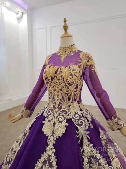 Vintage Deep Purple Ball Gown High Neck Gold Lace Muslim Formal Dress FD2165 viniodress-Quinceanera Dresses 2025 -Viniodress-As Picture-Custom Size-