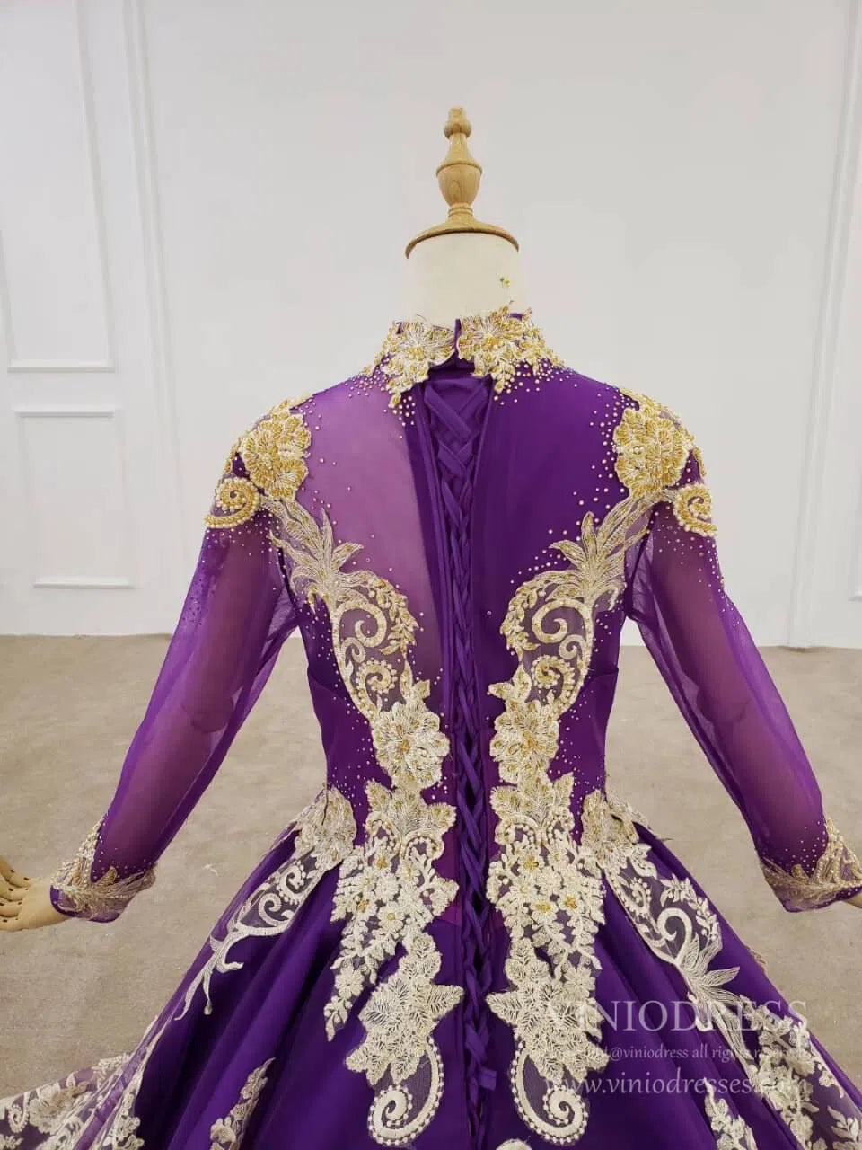 Vintage Deep Purple Ball Gown High Neck Gold Lace Muslim Formal Dress FD2165 viniodress-Quinceanera Dresses 2025 -Viniodress-As Picture-Custom Size-