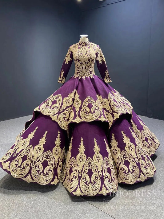 Vintage Deep Purple Muslim Wedding Dresses with Long Sleeves FD1115B viniodress-Quinceanera Dresses 2025 -Viniodress-Grape-Custom Size-