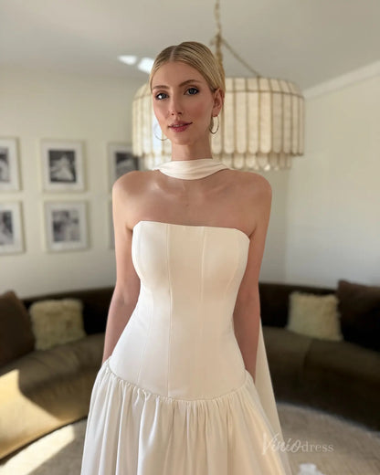 Vintage Drop Waist Wedding Dress | Strapless Minimalist Bridal Gown with Shawl, Lace-up Back MN134-wedding dresses 2025 -Viniodress-Ivory-Custom Size-