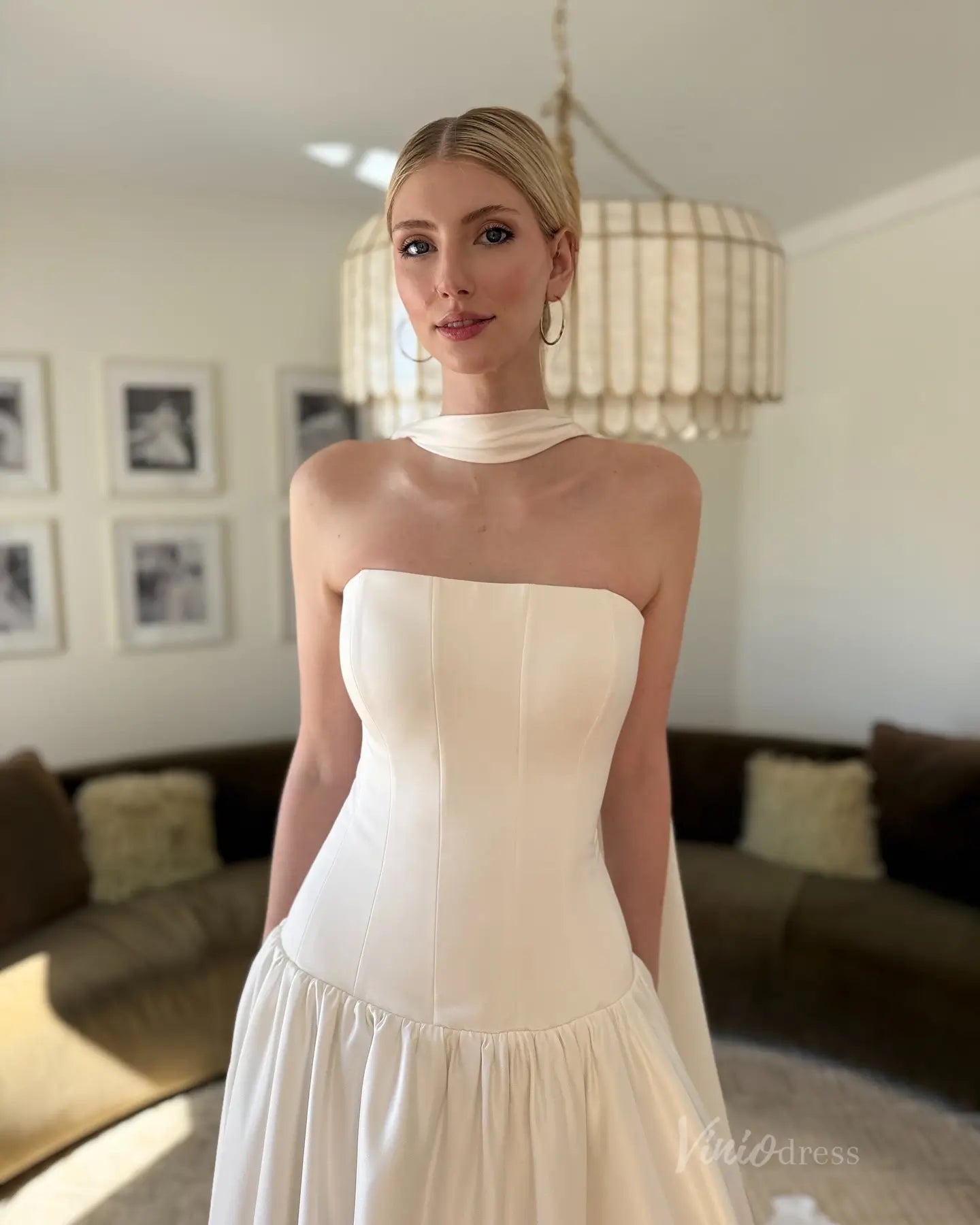 Vintage Drop Waist Wedding Dress | Strapless Minimalist Bridal Gown with Shawl, Lace-up Back MN134-wedding dresses 2025 -Viniodress-Ivory-Custom Size-