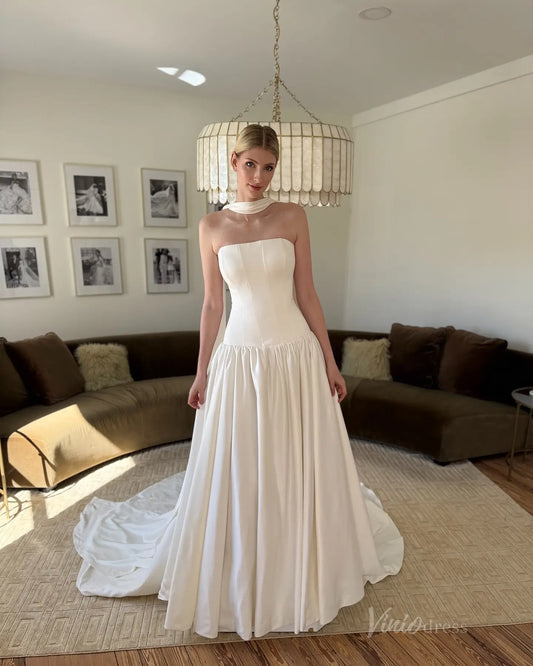 Vintage Drop Waist Wedding Dress | Strapless Minimalist Bridal Gown with Shawl, Lace-up Back MN134-wedding dresses 2025 -Viniodress-Ivory-Custom Size-