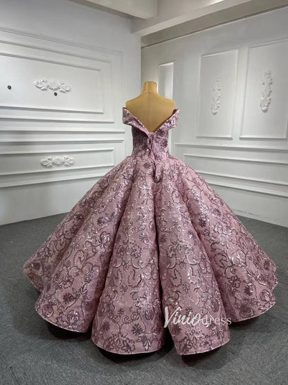 Vintage Dusty Rose Lace Quinceanera Dresses Off the Shoulder Sweet 16 Dress 66661 viniodress-Quinceanera Dresses 2025 -Viniodress-Pink-Custom Size-