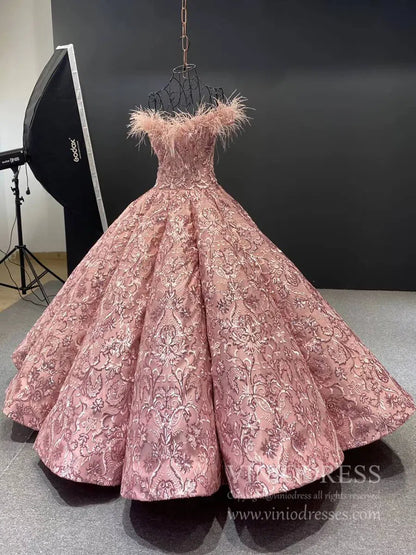 Vintage Dusty Rose Lace Quinceanera Dresses Off the Shoulder Sweet 16 Dress 66661 viniodress-Quinceanera Dresses 2025 -Viniodress-Pink-Custom Size-