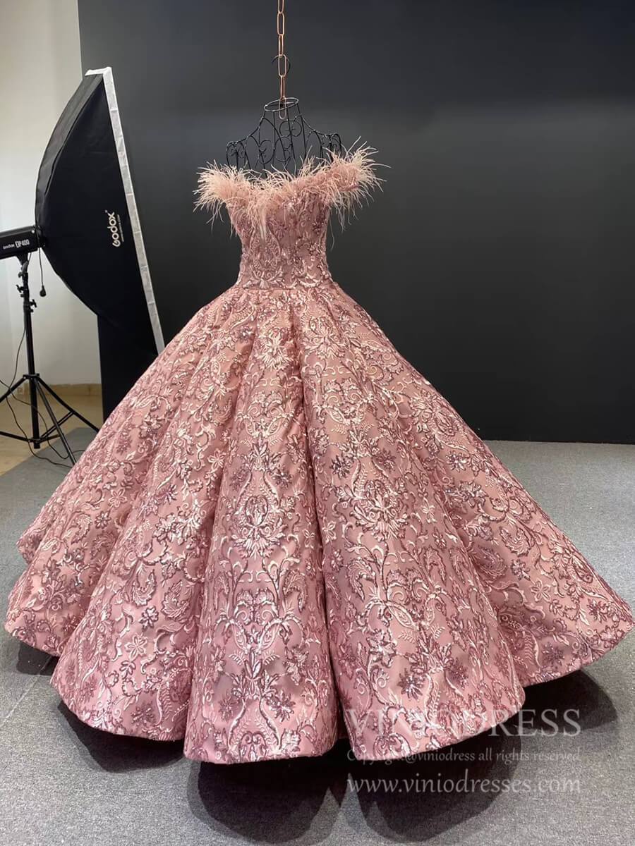 Prom Dress 2025 Vintage Dusty Rose Lace Quinceanera Dresses Off the Shoulder Sweet 16 Dress 66661 viniodress-unique Quinceanera Dresses-Pink-Custom Size-Viniodress