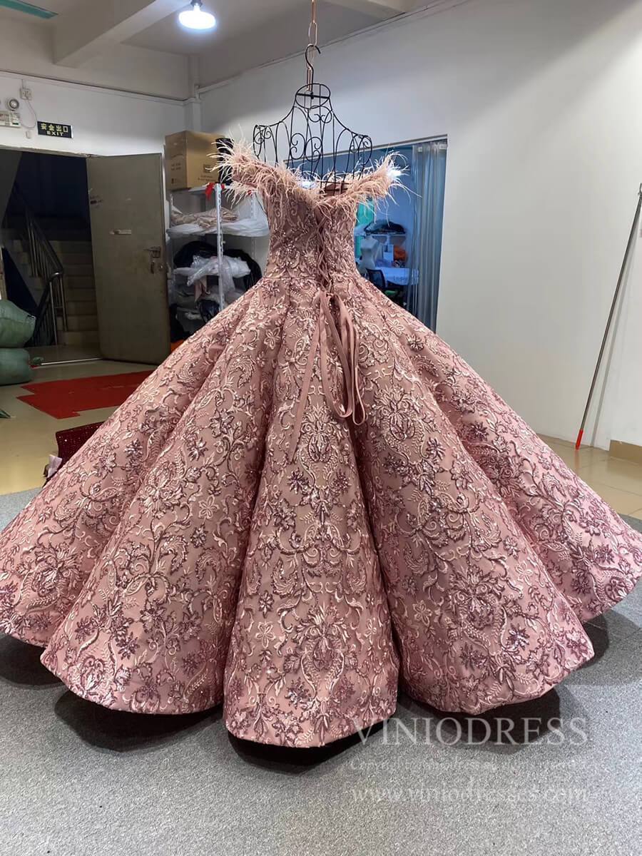 Prom Dress 2025 Vintage Dusty Rose Lace Quinceanera Dresses Off the Shoulder Sweet 16 Dress 66661 viniodress-unique Quinceanera Dresses-Pink-Custom Size-Viniodress