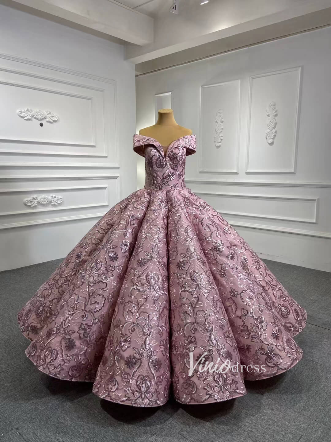 Prom Dress 2025 Vintage Dusty Rose Lace Quinceanera Dresses Off the Shoulder Sweet 16 Dress 66661 viniodress-unique Quinceanera Dresses-Pink-Custom Size-Viniodress