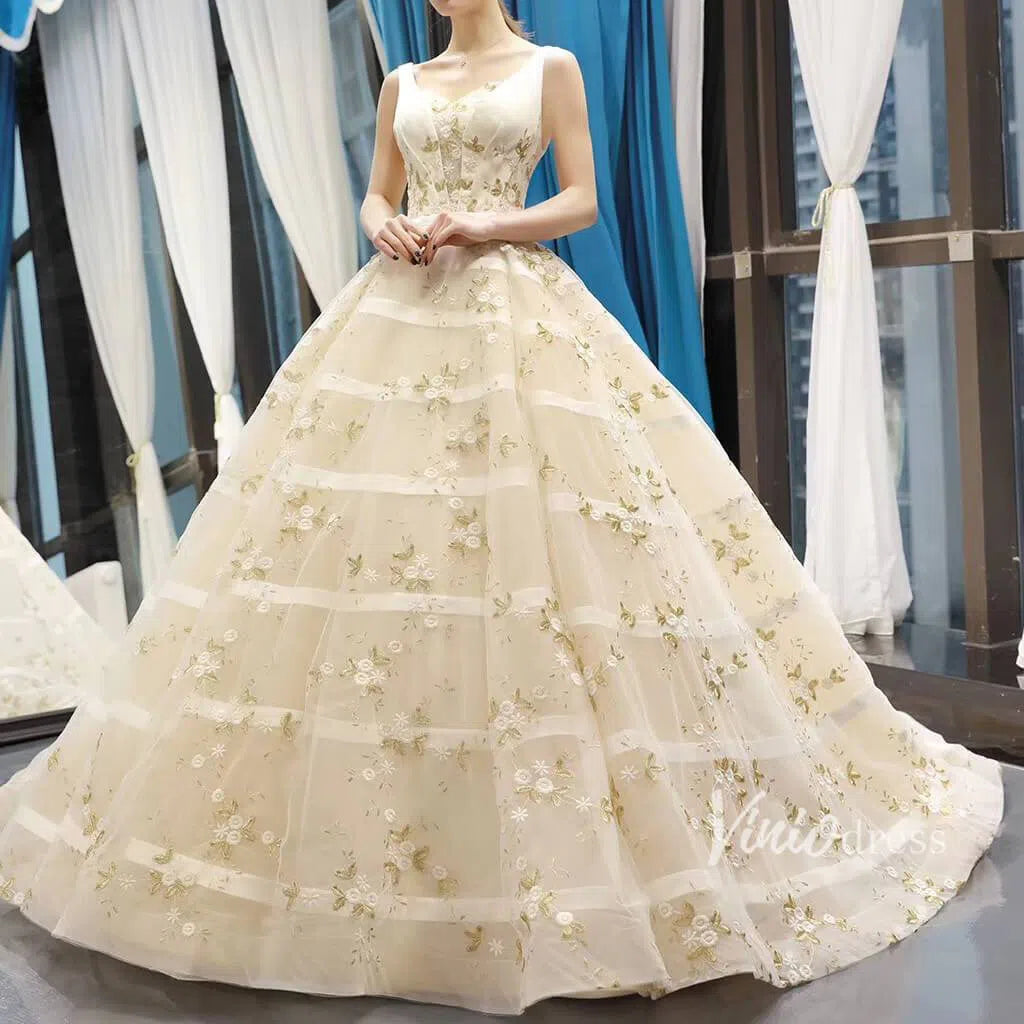 Vintage Embroidery Prom Dresses Floral Quinceanera Dresses FD1141 viniodress-prom dresses 2025 -Viniodress-Champagne-Custom Size-