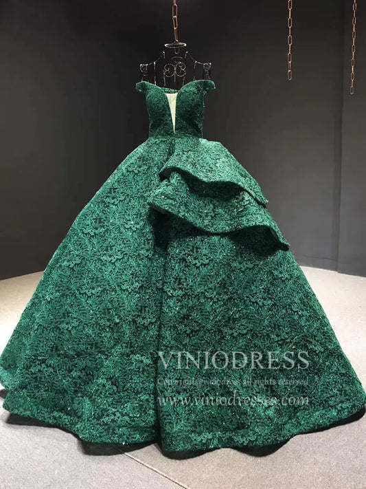 Vintage Emerald Green Lace Ball Gown Prom Dresses Princess Dress FD1255 viniodress-prom dresses 2025 -Viniodress-Emerald Green-Custom Size-