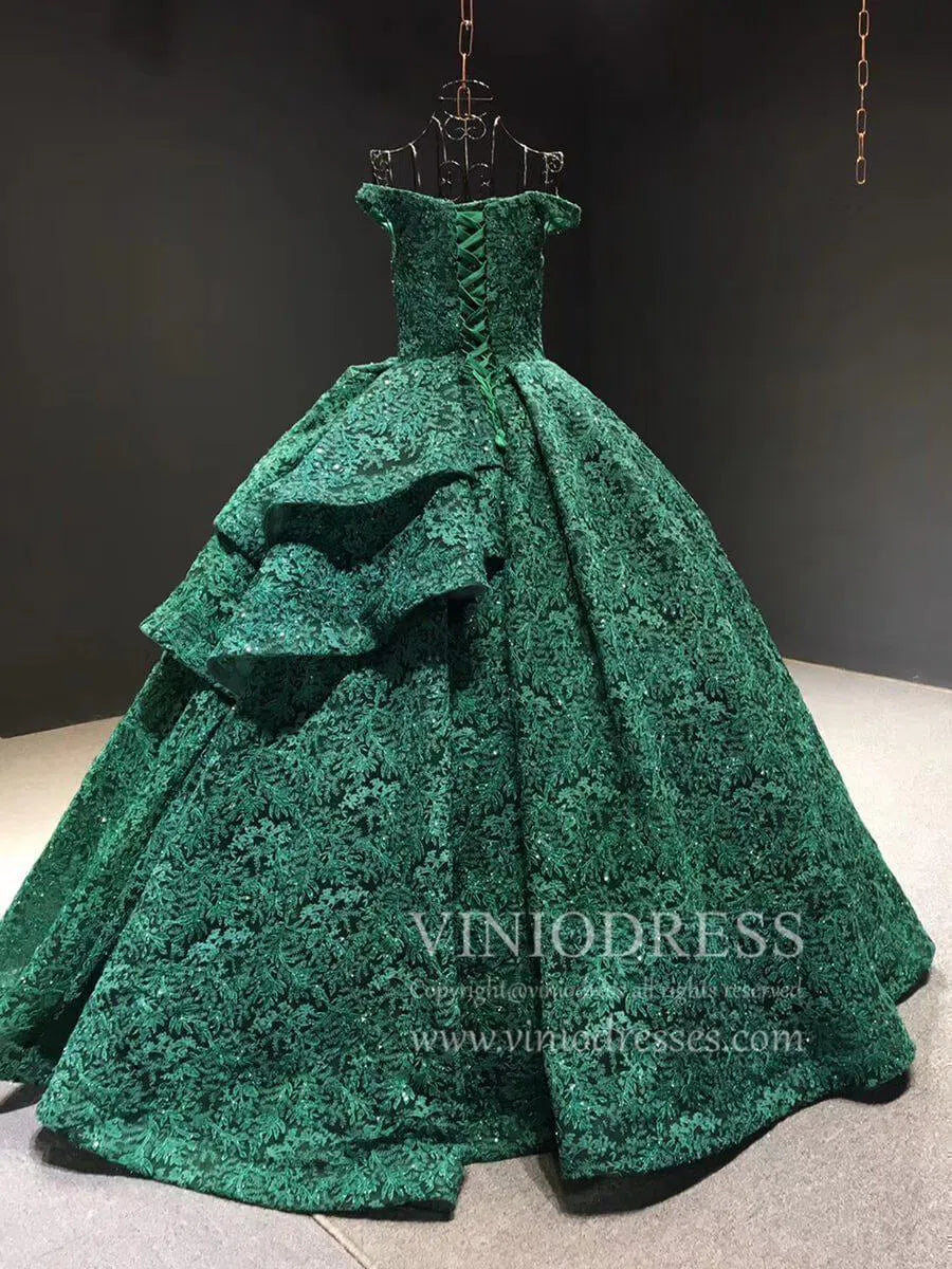 Vintage Emerald Green Lace Ball Gown Prom Dresses Princess Dress FD1255 viniodress-prom dresses 2025 -Viniodress-Emerald Green-Custom Size-