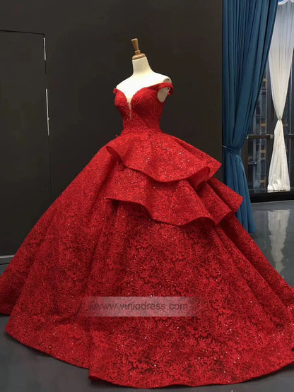 Vintage Emerald Green Lace Ball Gown Prom Dresses Princess Dress FD1255 viniodress-prom dresses 2025 -Viniodress-Red-Custom Size-