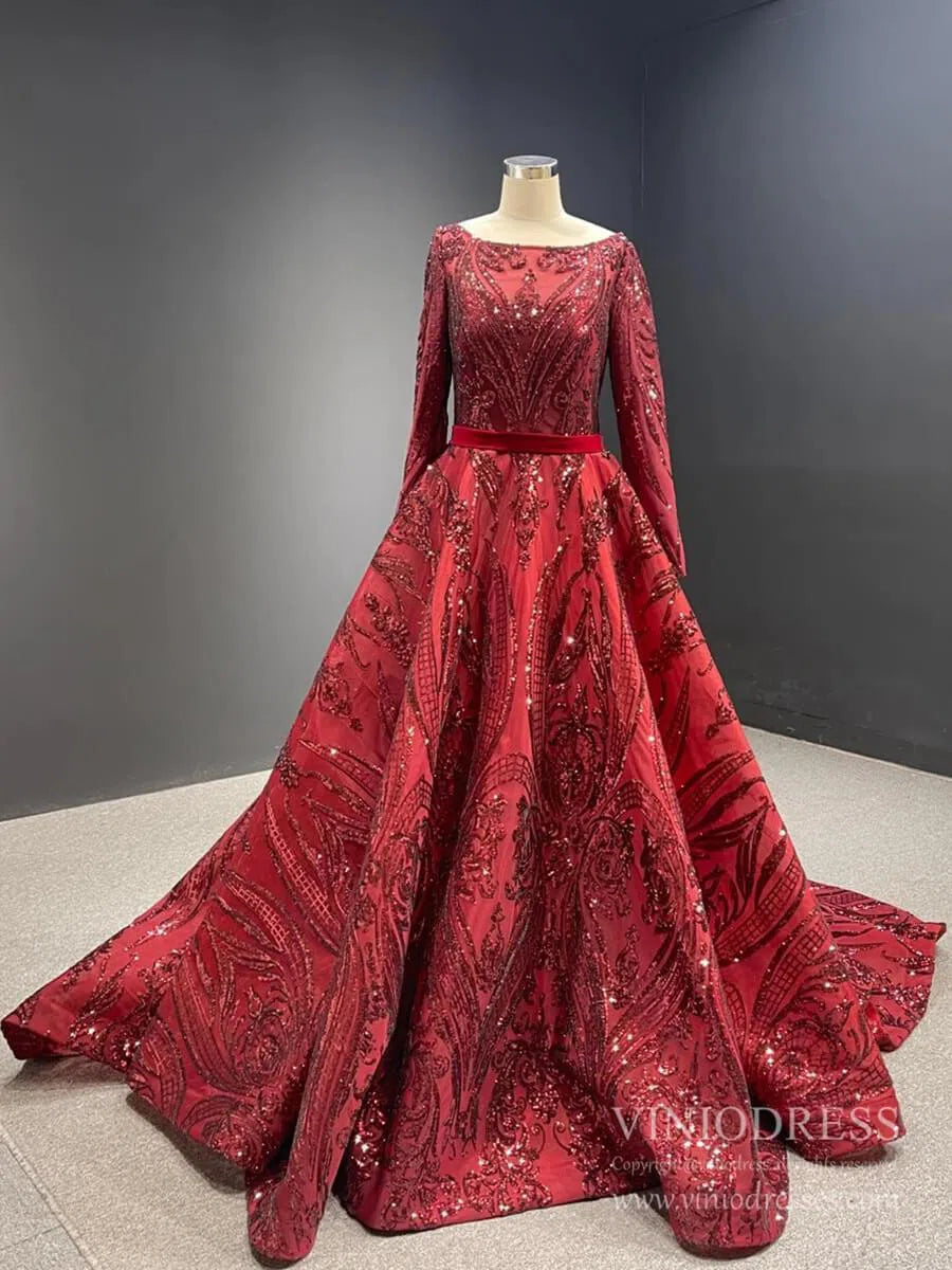 Vintage Emerald Green Lace Prom Dresses with Sleeves 66691 viniodress-prom dresses 2025 -Viniodress-Dark Red-Custom Size-