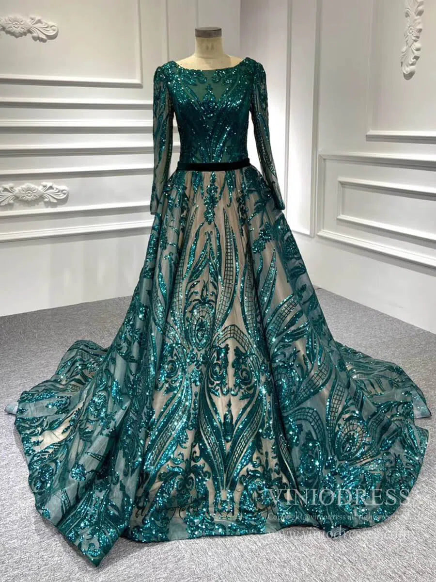 Vintage Emerald Green Lace Prom Dresses with Sleeves 66691 viniodress-prom dresses 2025 -Viniodress-Emerald Green-Custom Size-