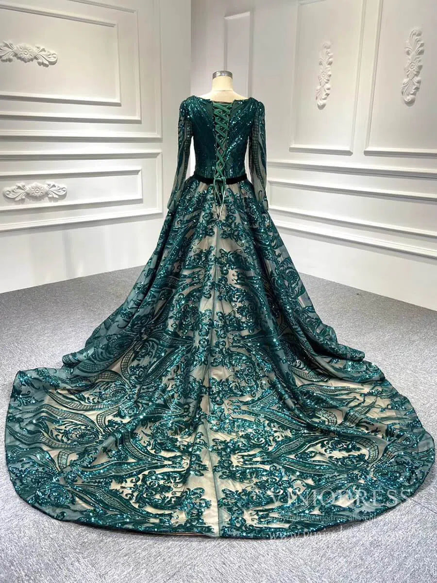 Vintage Emerald Green Lace Prom Dresses with Sleeves 66691 viniodress-prom dresses 2025 -Viniodress-Emerald Green-Custom Size-