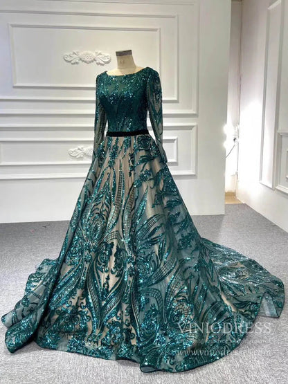 Vintage Emerald Green Lace Prom Dresses with Sleeves 66691 viniodress-prom dresses 2025 -Viniodress-Emerald Green-Custom Size-