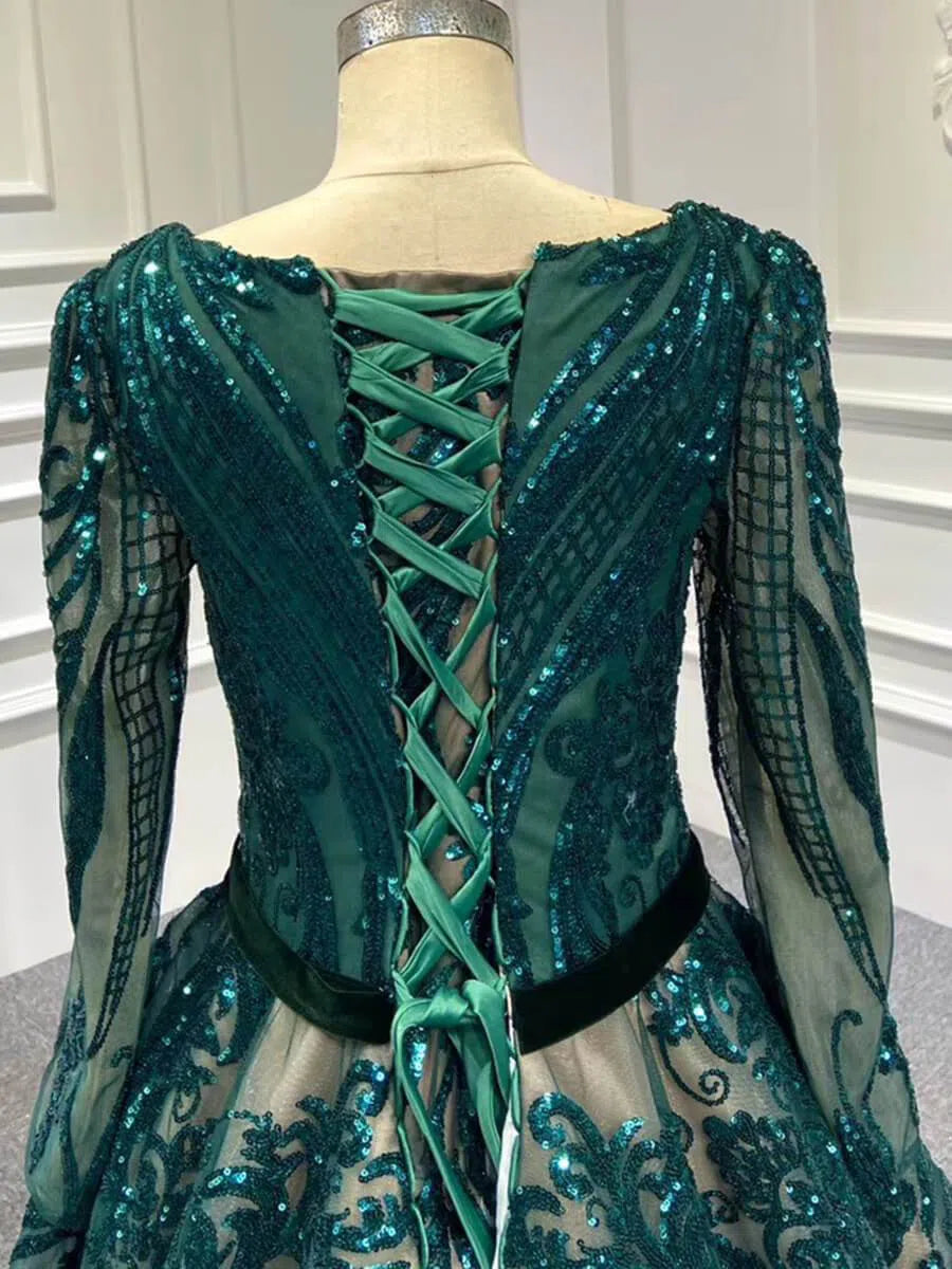 Vintage Emerald Green Lace Prom Dresses with Sleeves 66691 viniodress-prom dresses 2025 -Viniodress-Emerald Green-Custom Size-