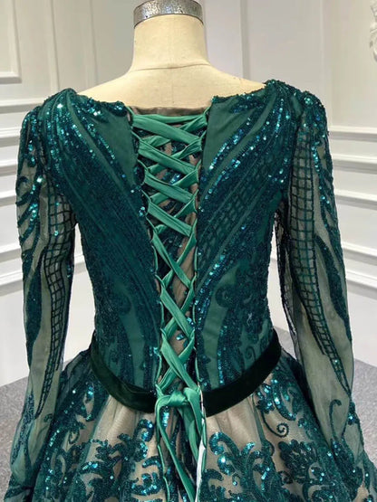 Vintage Emerald Green Lace Prom Dresses with Sleeves 66691 viniodress-prom dresses 2025 -Viniodress-Emerald Green-Custom Size-