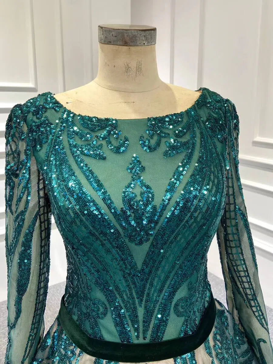 Vintage Emerald Green Lace Prom Dresses with Sleeves 66691 viniodress-prom dresses 2025 -Viniodress-Emerald Green-Custom Size-
