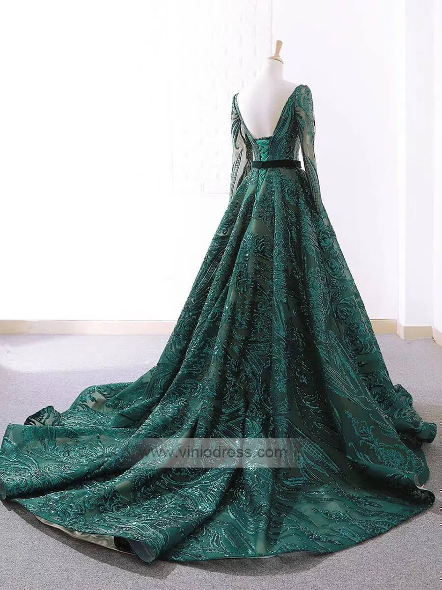 Vintage Emerald Green Lace Prom Dresses with Sleeves 66691 viniodress-prom dresses 2025 -Viniodress-Emerald Green-Custom Size-