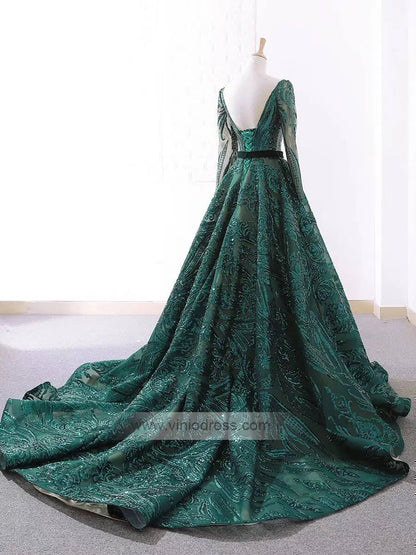 Vintage Emerald Green Lace Prom Dresses with Sleeves 66691 viniodress-prom dresses 2025 -Viniodress-Emerald Green-Custom Size-
