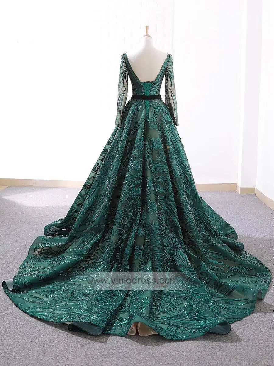 Vintage Emerald Green Lace Prom Dresses with Sleeves 66691 viniodress-prom dresses 2025 -Viniodress-Emerald Green-Custom Size-