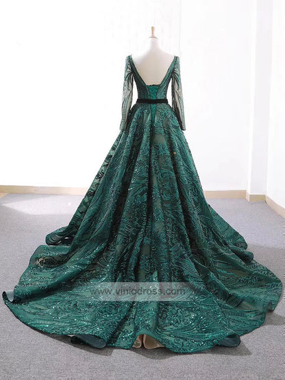 Vintage Emerald Green Lace Prom Dresses with Sleeves 66691 viniodress-prom dresses 2025 -Viniodress-Emerald Green-Custom Size-