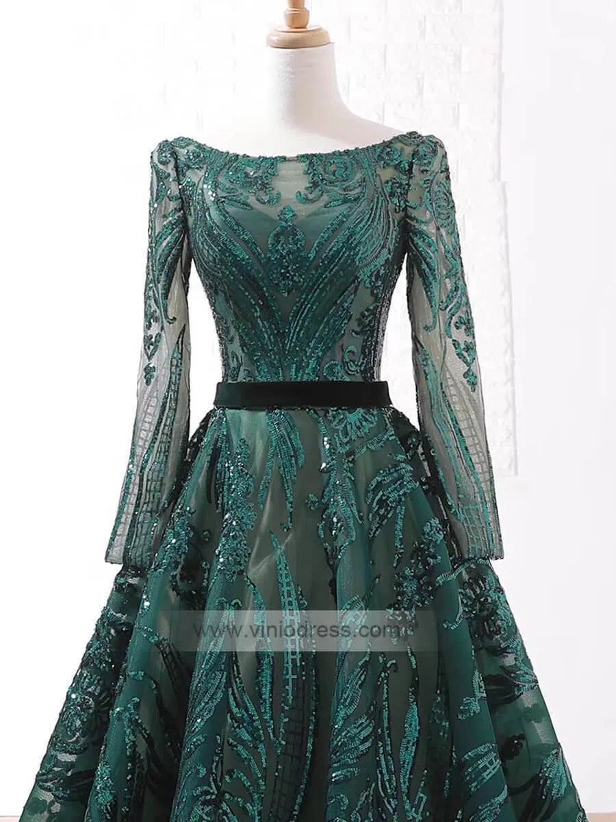 Vintage Emerald Green Lace Prom Dresses with Sleeves 66691 viniodress-prom dresses 2025 -Viniodress-Emerald Green-Custom Size-