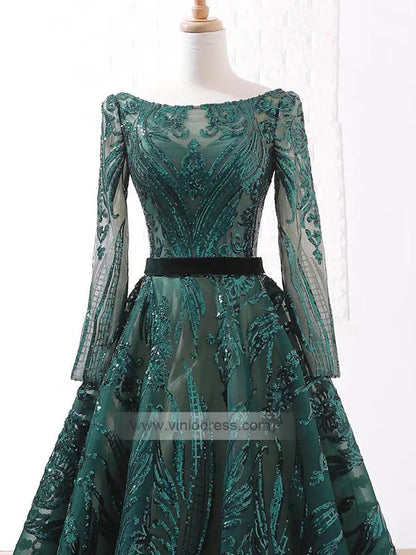 Vintage Emerald Green Lace Prom Dresses with Sleeves 66691 viniodress-prom dresses 2025 -Viniodress-Emerald Green-Custom Size-