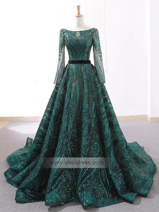 Vintage Emerald Green Lace Prom Dresses with Sleeves 66691 viniodress-prom dresses 2025 -Viniodress-Emerald Green-Custom Size-