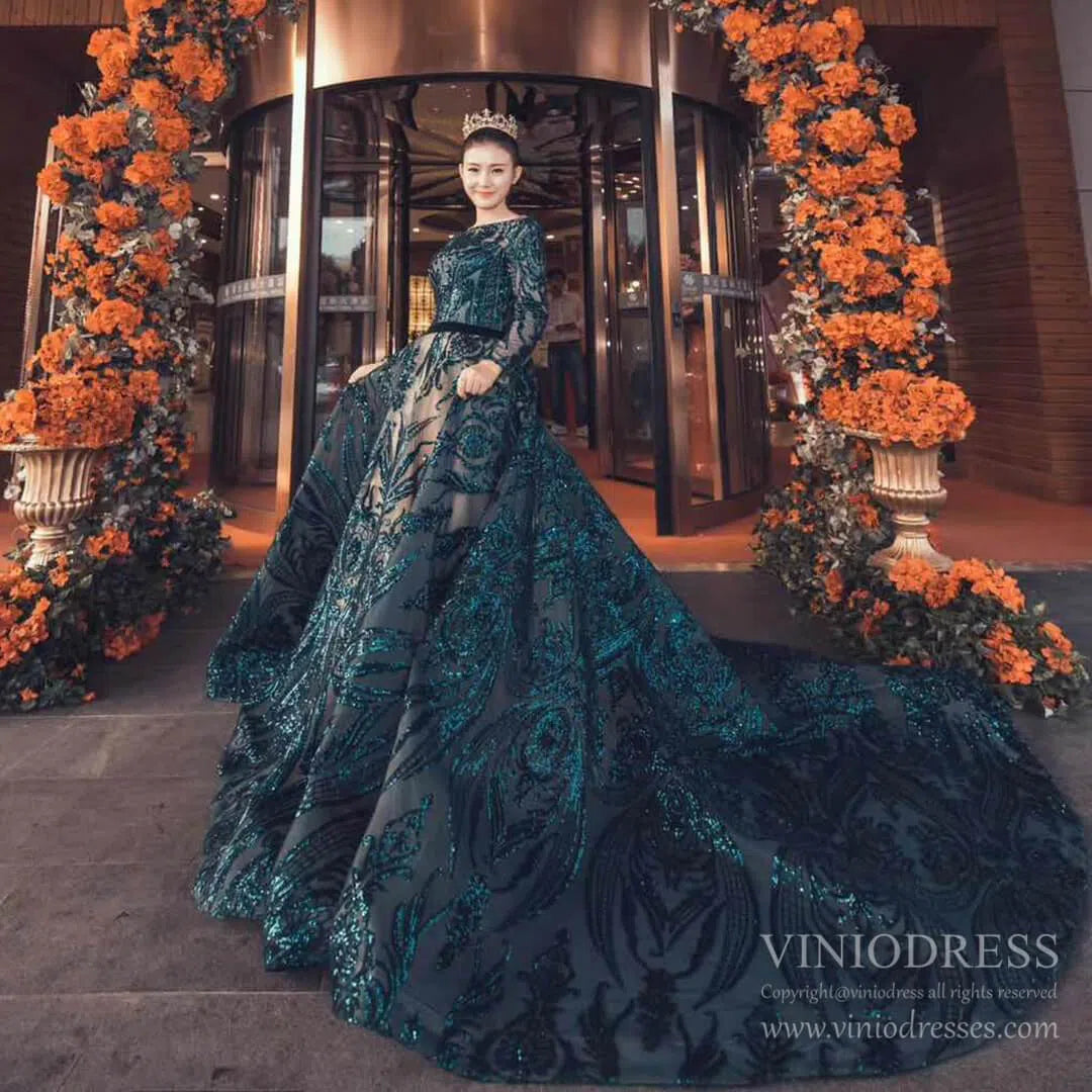 Prom Dress 2025 Vintage Emerald Green Lace Prom Dresses with Sleeves 66691 viniodress-unique prom dresses-Emerald Green-Custom Size-Viniodress