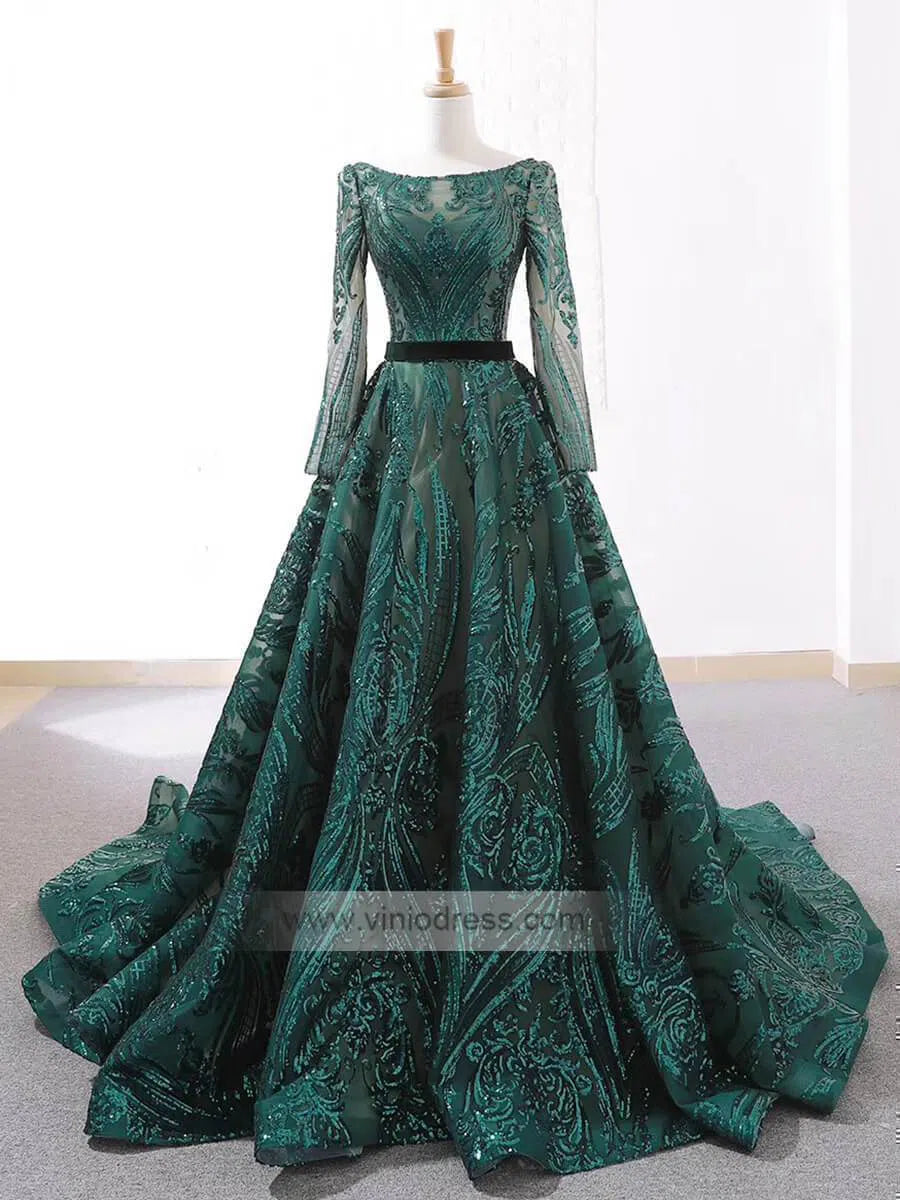 Vintage Emerald Green Lace Prom Dresses with Sleeves 66691 viniodress-prom dresses-Viniodress-Emerald Green-Custom Size-Viniodress