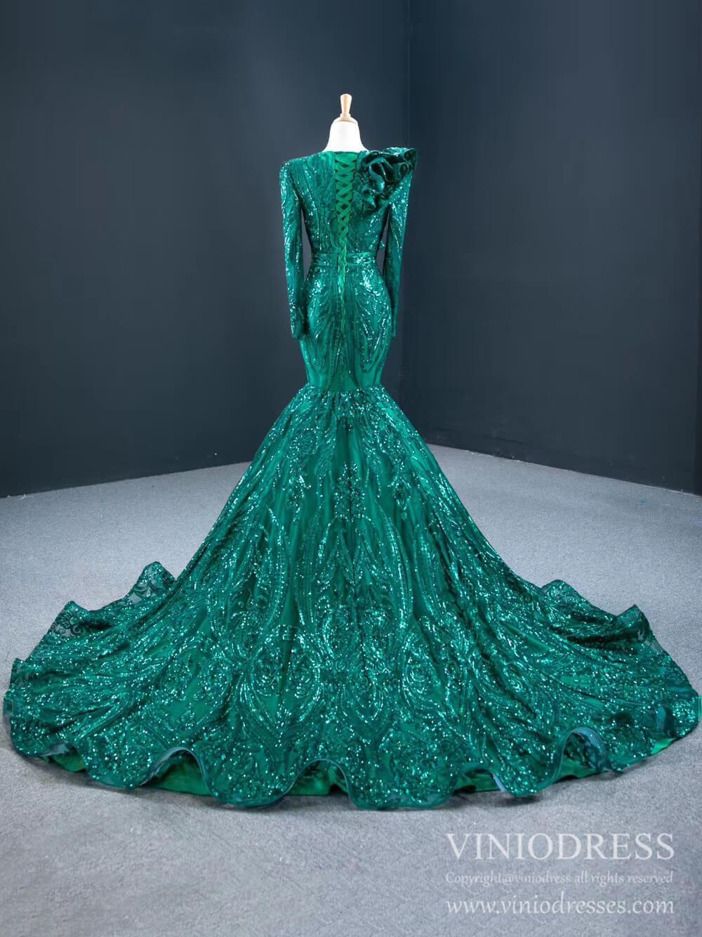 Vintage Emerald Green Sequin Prom Dresses with Long Sleeve FD2407 Viniodress Vintage Emerald Green Sequin Prom Dresses with Long Sleeve FD2407 Viniodress