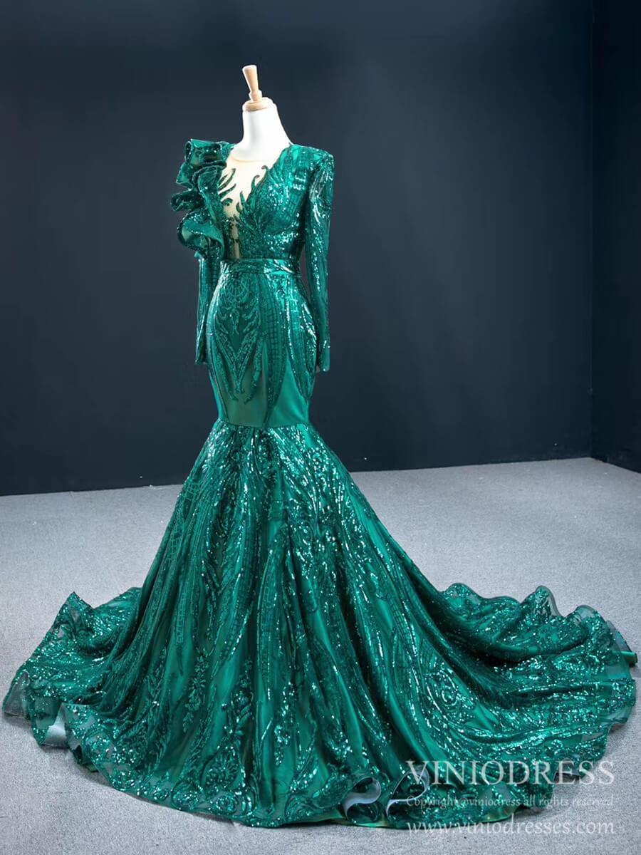 Vintage Emerald Green Sequin Prom Dresses with Long Sleeve FD2407-prom dresses 2025 -Viniodress-Emerald Green-Custom Size-