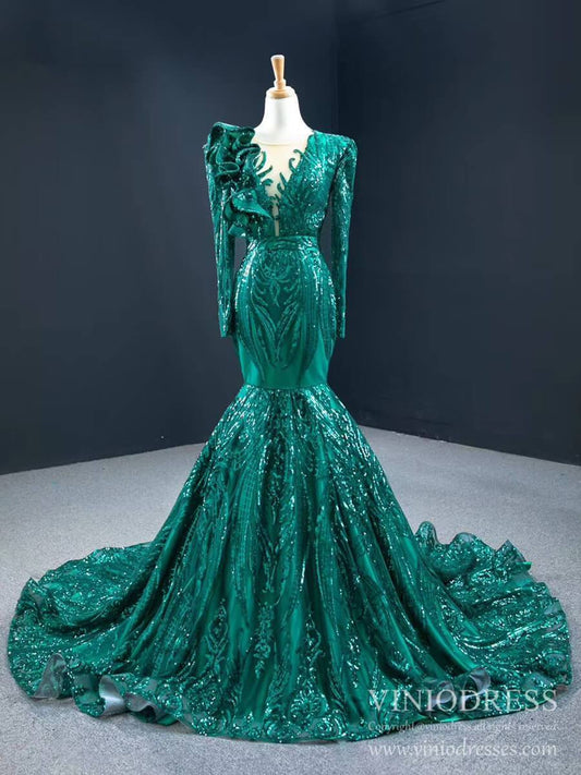 Vintage Emerald Green Sequin Prom Dresses with Long Sleeve FD2407-prom dresses 2025 -Viniodress-Emerald Green-Custom Size-