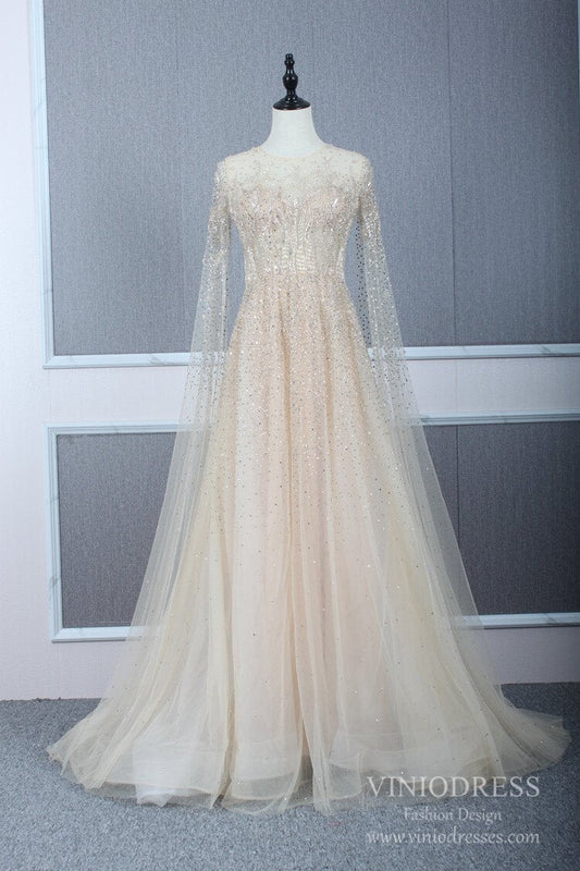 Vintage Extra Long Sleeve Prom Dresses Beaded Formal Dress FD2503-Evening Dresses 2025 -Viniodress-Champagne-US 2-