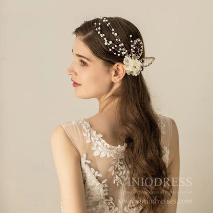 Vintage Flower and Pearl Hair Vine Bridal Clip AC1110-Headpieces 2025 -Viniodress-1PCS-