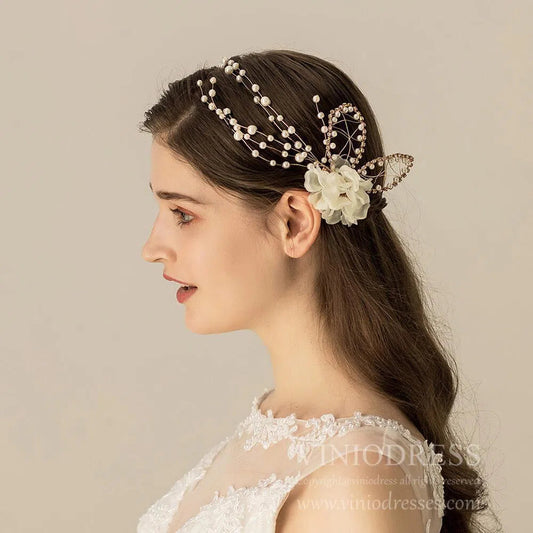 Vintage Flower and Pearl Hair Vine Bridal Clip AC1110-Headpieces-Viniodress-1PCS-Viniodress