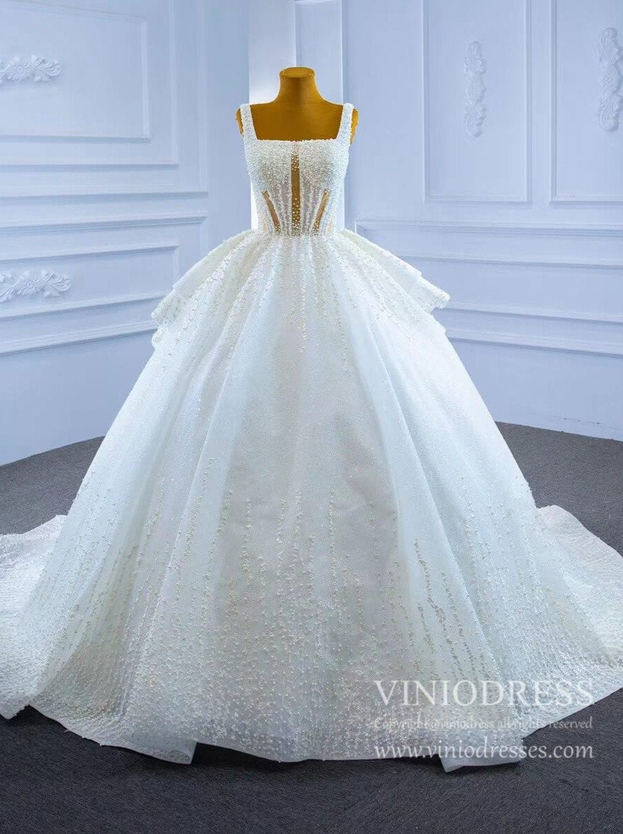 Vintage Glittery Pearl Wedding Dresses Square Neck Ball Gowns 67266-wedding dresses 2025 -Viniodress-Ivory-Custom Size-