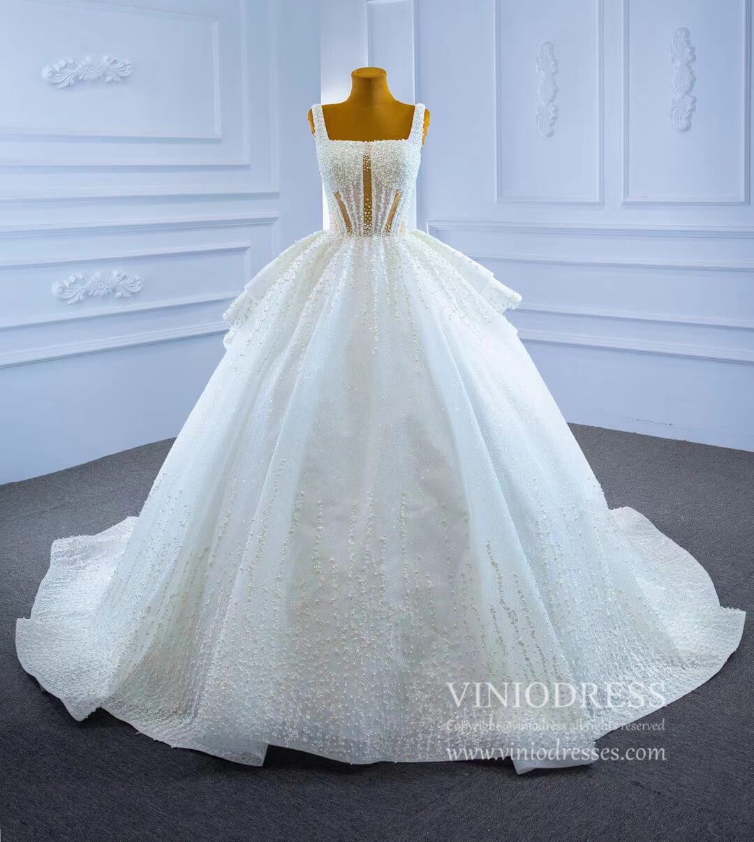 Vintage Glittery Pearl Wedding Dresses Square Neck Ball Gowns 67266-wedding dresses 2025 -Viniodress-Ivory-Custom Size-