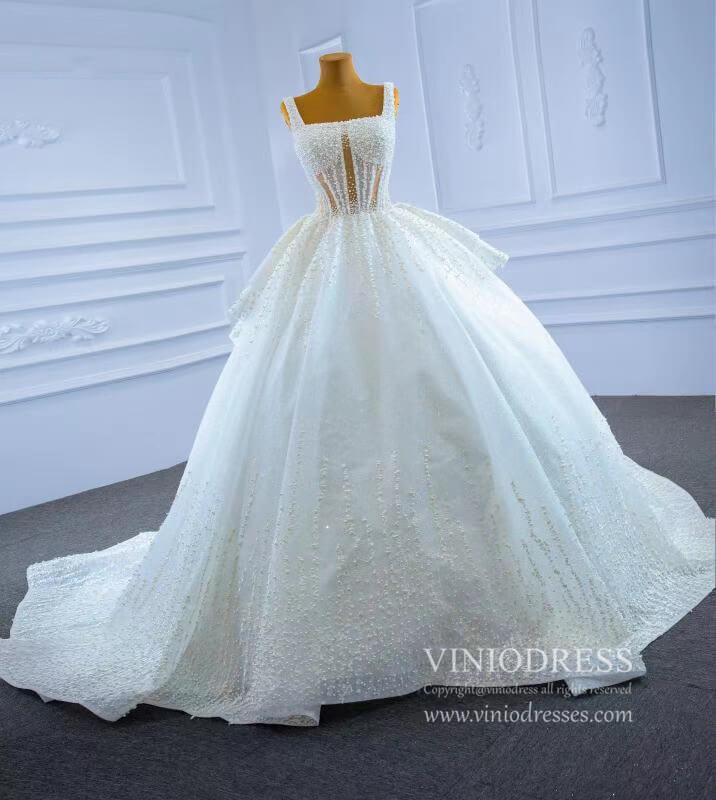 Vintage Glittery Pearl Wedding Dresses Square Neck Ball Gowns 67266-wedding dresses 2025 -Viniodress-Ivory-Custom Size-