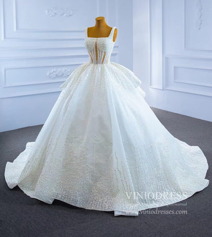 Vintage Glittery Pearl Wedding Dresses Square Neck Ball Gowns 67266-wedding dresses 2025 -Viniodress-Ivory-Custom Size-