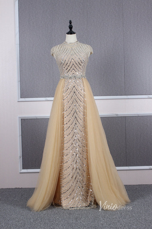 Vintage Gold Beaded Formal Evening Dress Overskirt Prom Dress FD2375-Evening Dresses 2025 -Viniodress-Gold-US 2-