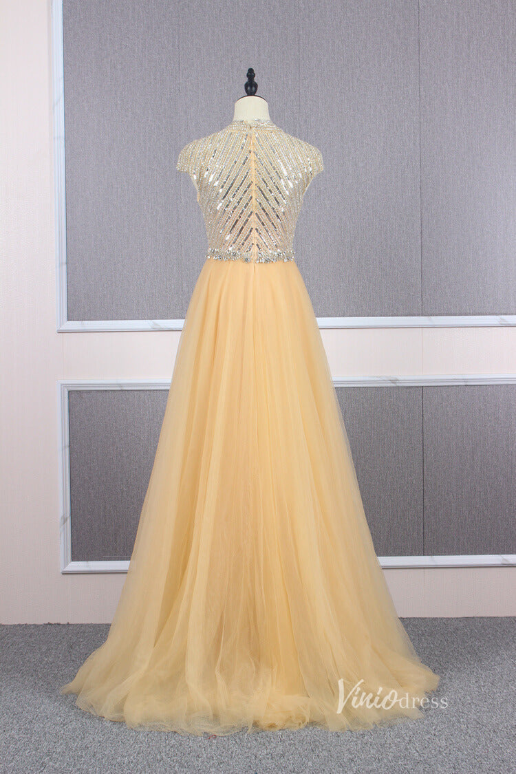 Prom Dress 2025 Vintage Gold Beaded Formal Evening Dress Overskirt Prom Dress FD2375-unique prom dresses-Gold-US 2-Viniodress