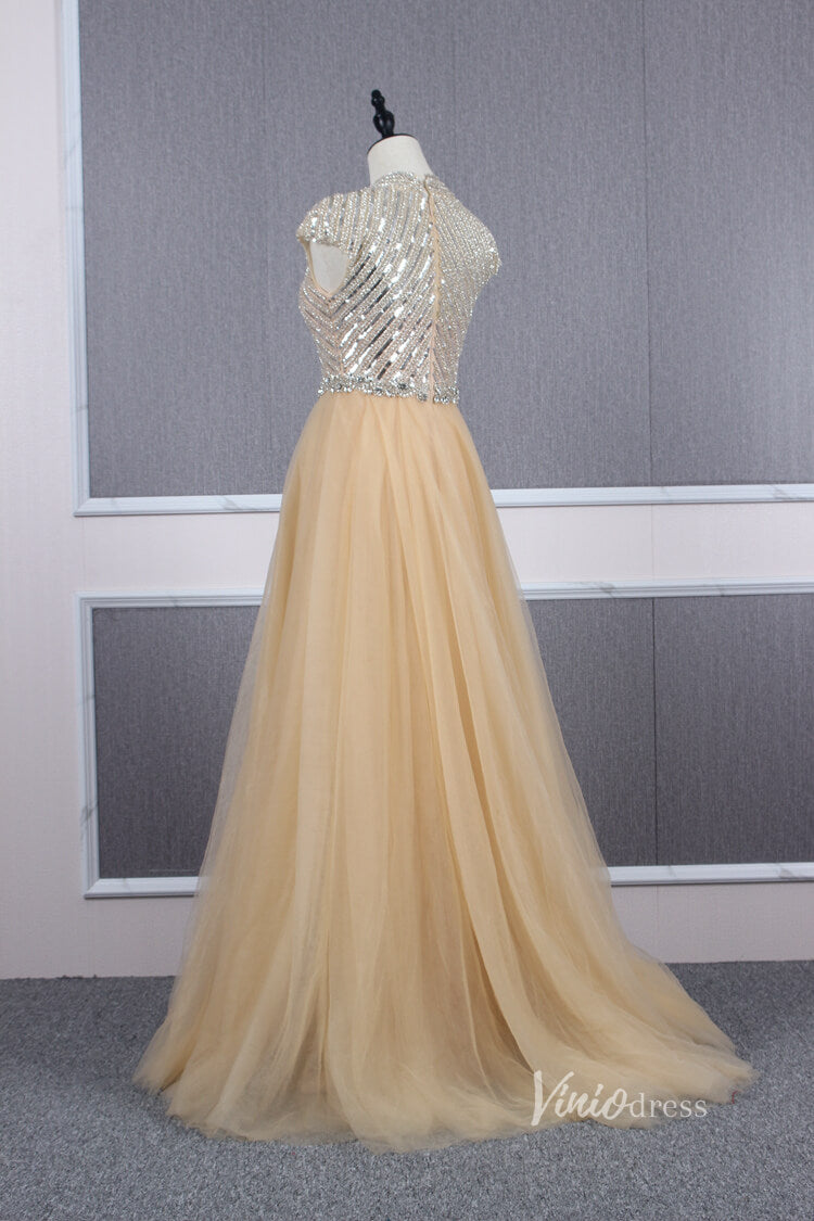 Prom Dress 2025 Vintage Gold Beaded Formal Evening Dress Overskirt Prom Dress FD2375-unique prom dresses-Gold-US 2-Viniodress