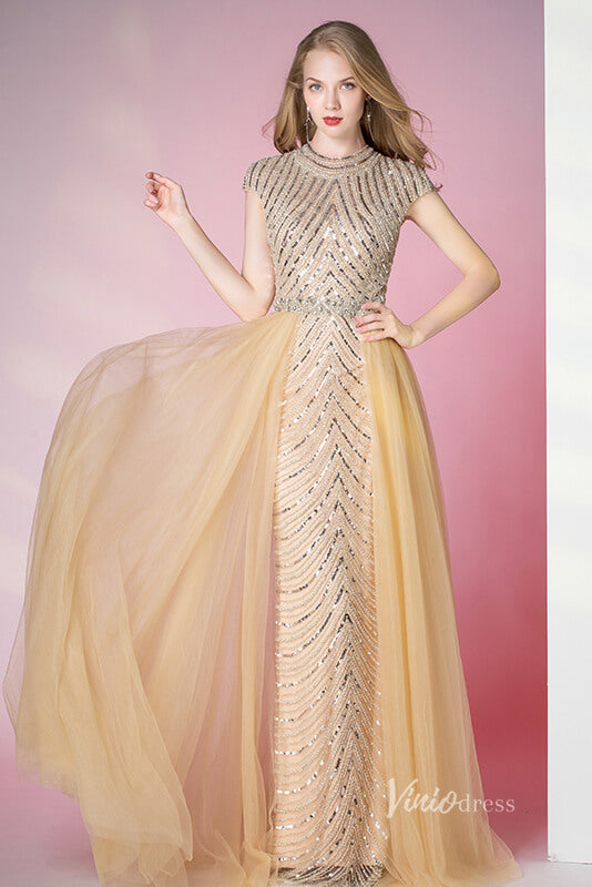 Prom Dress 2025 Vintage Gold Beaded Formal Evening Dress Overskirt Prom Dress FD2375-unique prom dresses-Gold-US 2-Viniodress