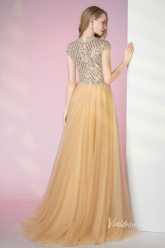 Prom Dress 2025 Vintage Gold Beaded Formal Evening Dress Overskirt Prom Dress FD2375-unique prom dresses-Gold-US 2-Viniodress